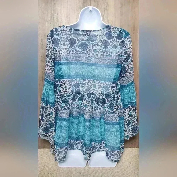 Show Me Your MuMu Poet Tie Tassel Floral Boho Blue Blouse Size Medium - Picture 11 of 13